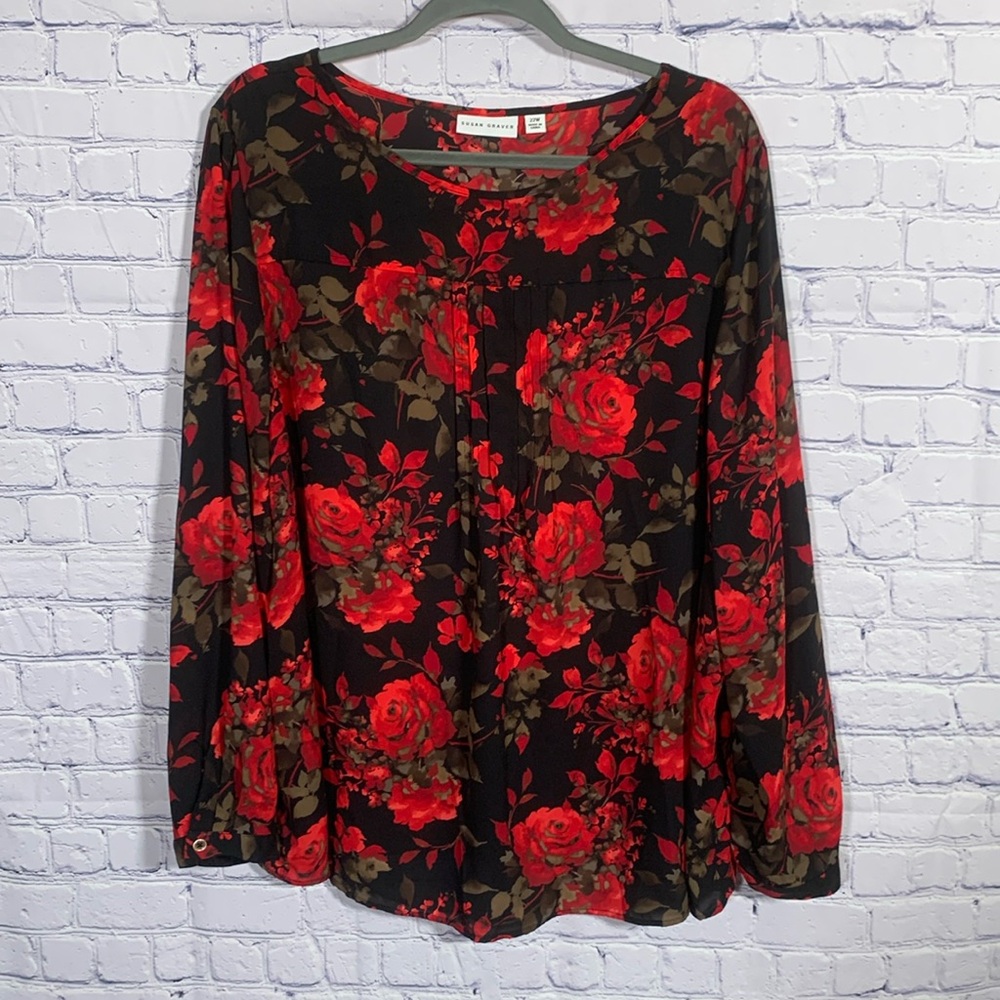 Susan Graver Womens Long Sleeve Blouse Rose Print Red Black Size 22W Whimsigoth